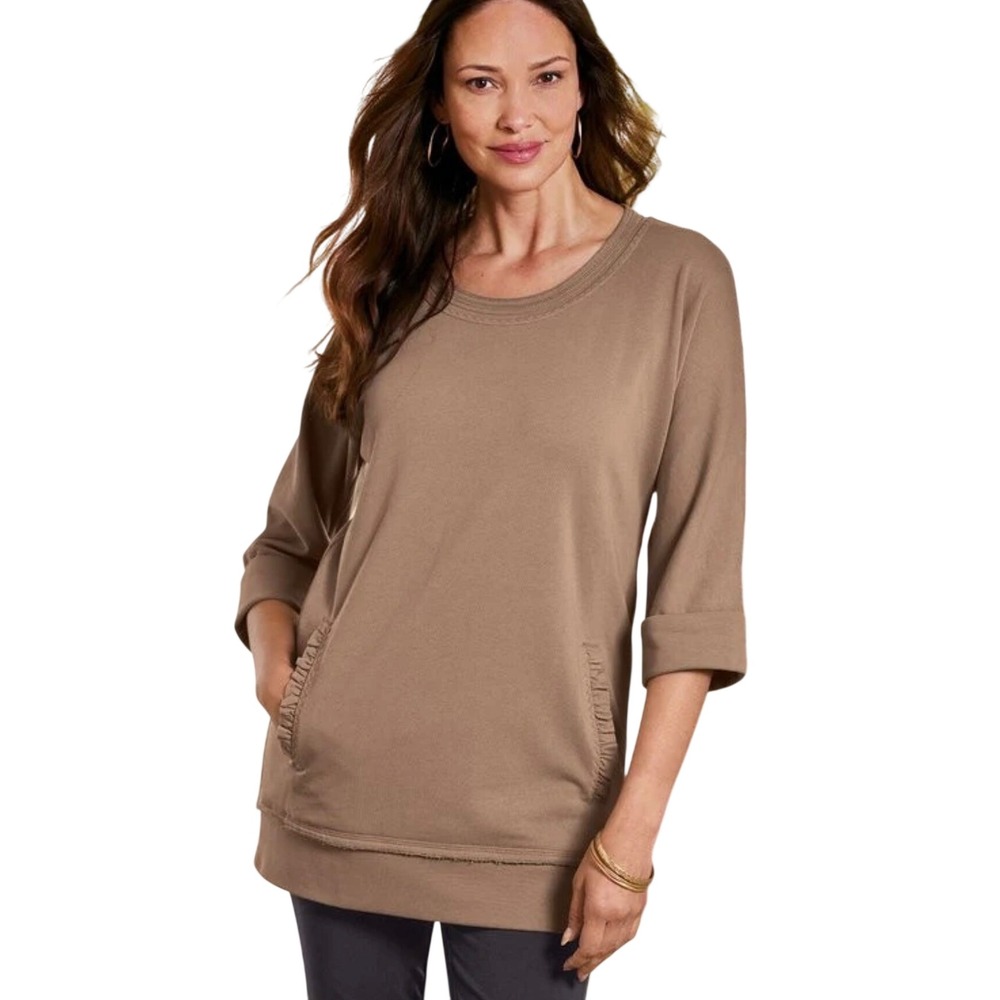 Soft Surroundings Peruvian Pullover Women's L Brown French Terry Raw Hem